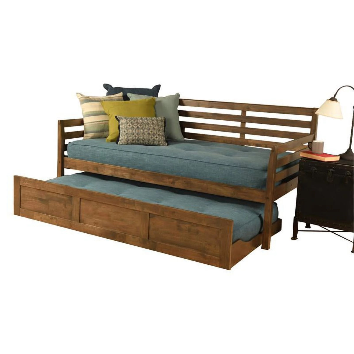 Rustic Walnut Daybed and Trundle with Aqua Mattresses V613553