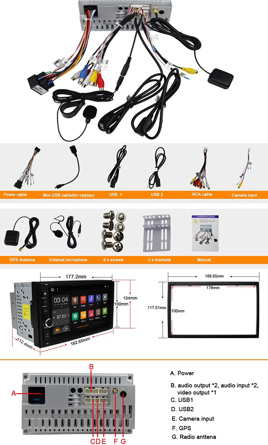 Double Din Touch Screen Car Stereo with Bluetooth 7 Inch F246156
