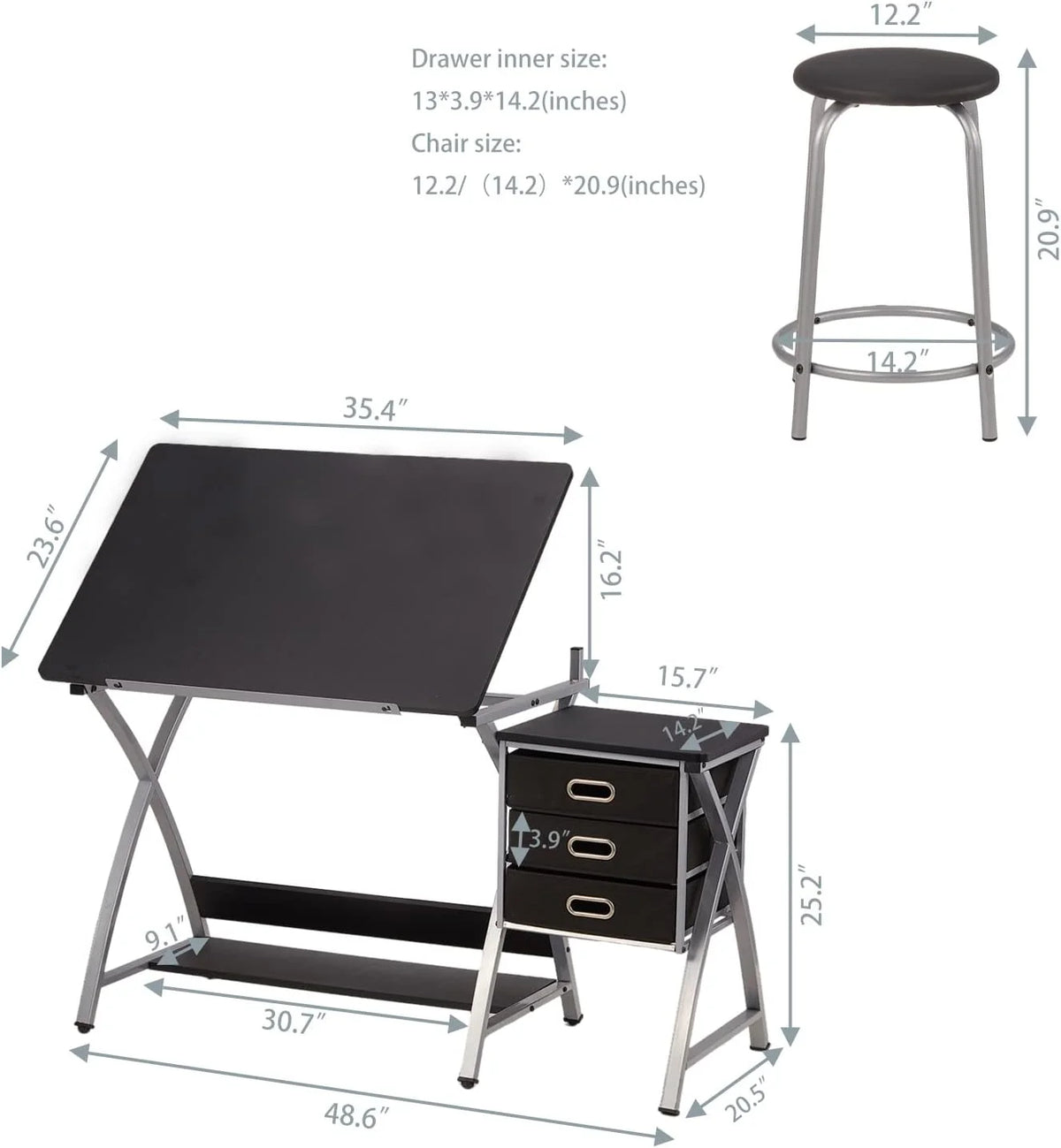 Adjustable Drafting Table with Stool and Storage Drawers, Black Z654006