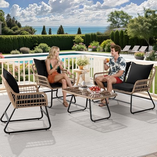 4 Piece Wicker Patio Furniture Set with Cushions and Glass Side Table R14386