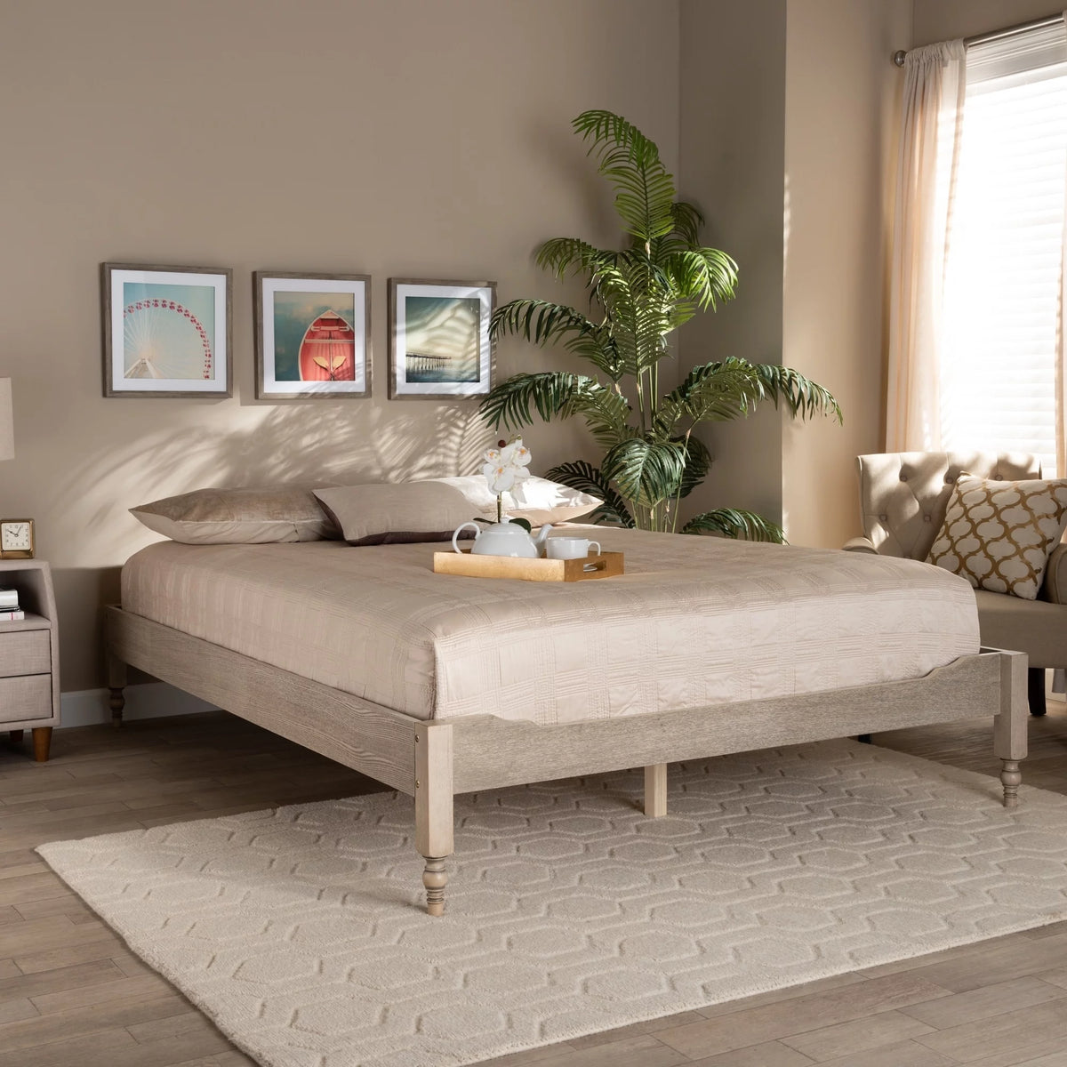 Antique White Wood Platform Bed Frame King I4172