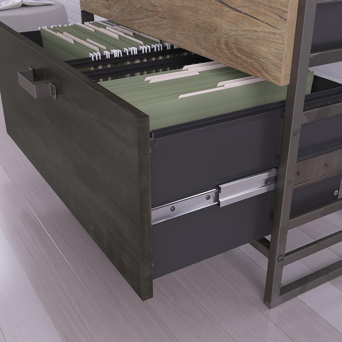 Rustic Gray L Shaped Industrial Desk with File Cabinets Q636