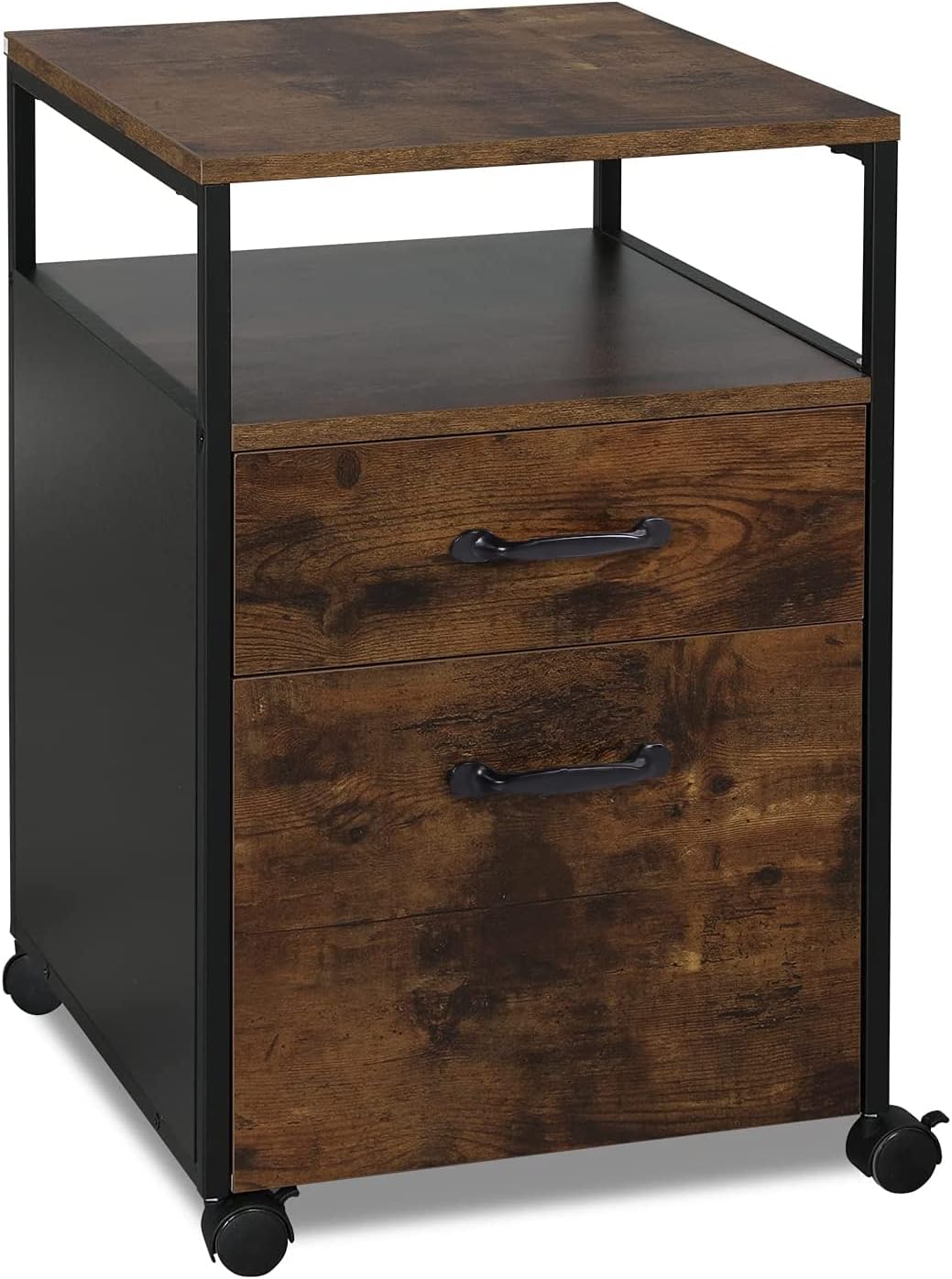 Rolling File Cabinet with 2 Drawers and Open Shelf, Brown and Black Q594621
