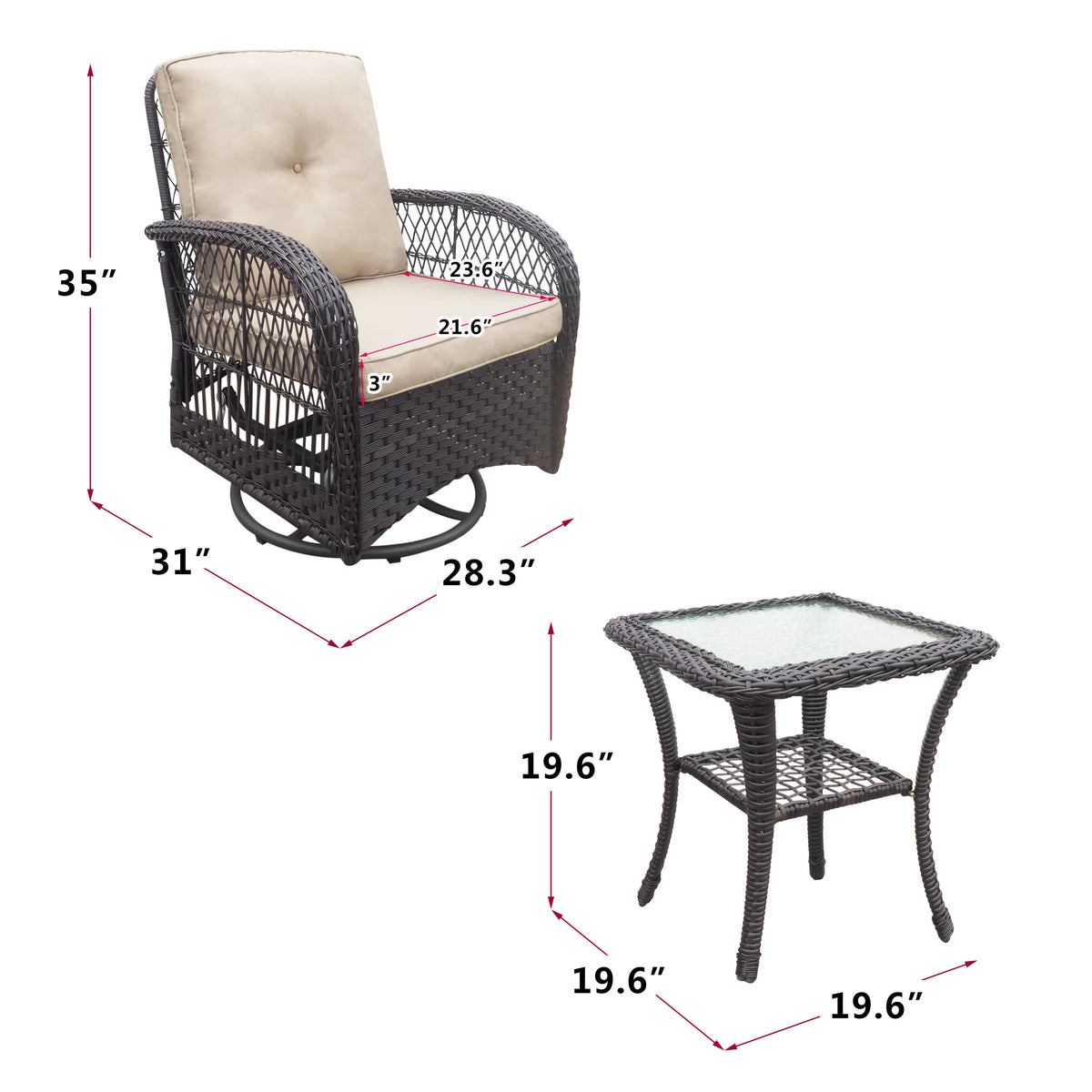 Khaki Wicker Swivel Rocker Chairs with Table C11451