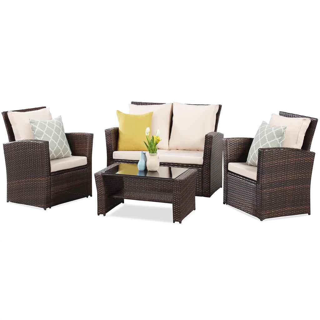 4 Pcs Brown Wicker Rattan Patio Furniture Set with Coffee Table B880917