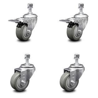 Polyurethane Swivel Threaded Stem Caster Set of 4, 3 inch Gray Wheels J956