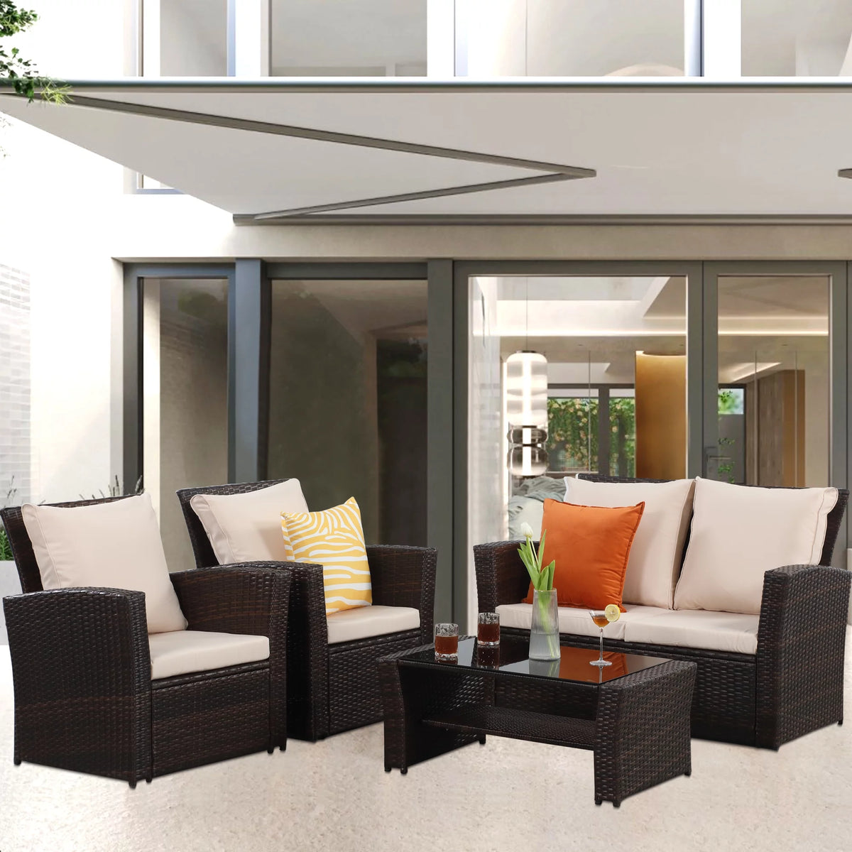 4 Pcs Brown Wicker Rattan Patio Furniture Set with Coffee Table B880917