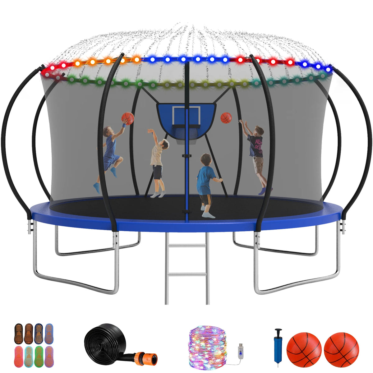 12FT 14FT Trampoline with Enclosure, Basketball Hoop, LED Light and Sprinkler K38434