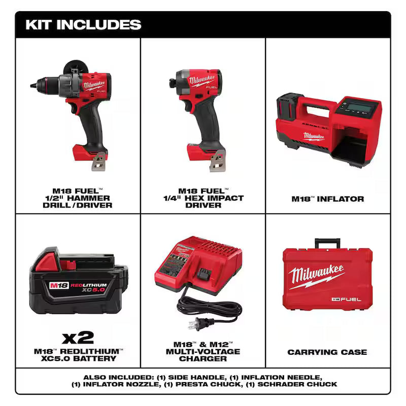 18-Volt Lithium-Ion Brushless Cordless Hammer Drill and Impact Driver Combo Kit with Inflator Z86614