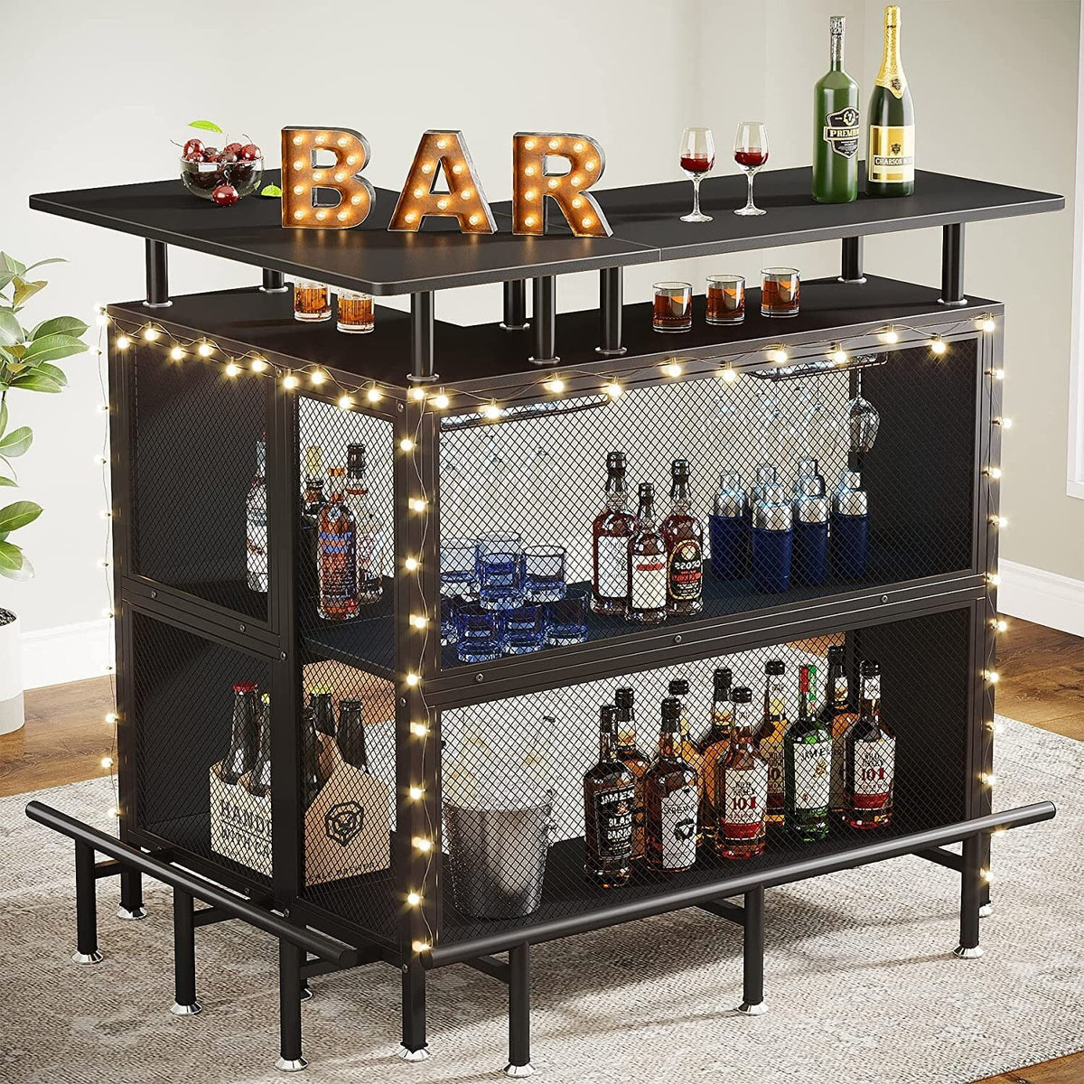 L-shape Black Home Bar Unit with 2-Tier Storage B6330