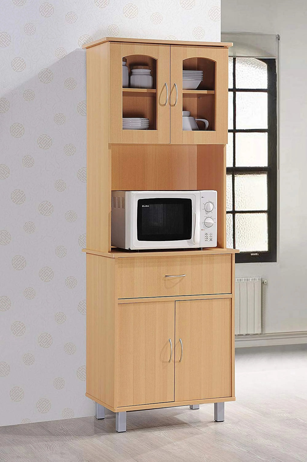 Beige Wood 4-Door 1-Drawer Kitchen China Cabinet I503