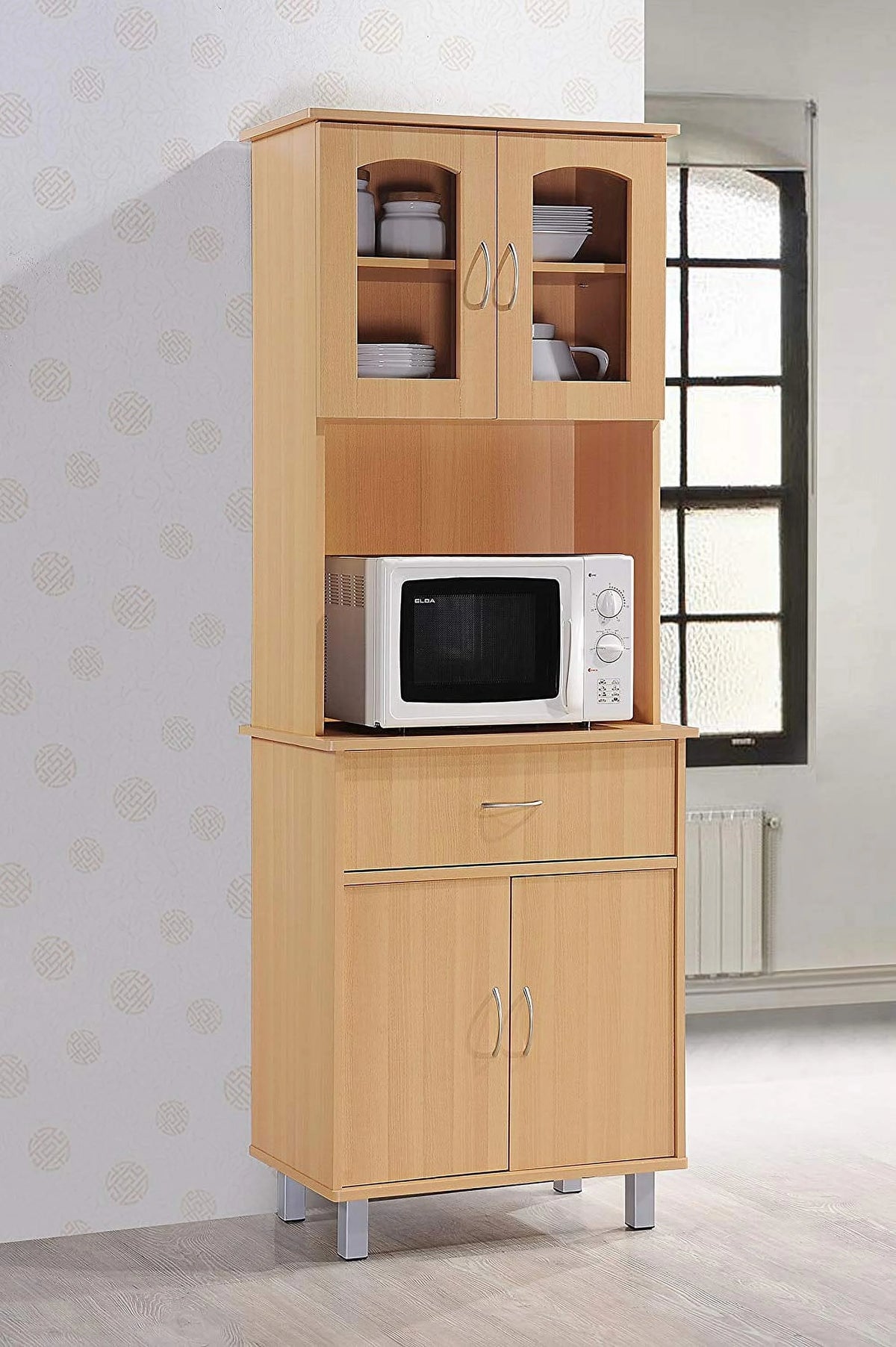 Beige Wood 4-Door 1-Drawer Kitchen China Cabinet I503