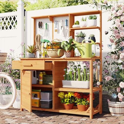 Brown Wooden Potting Bench Table with Hutch U653121