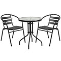 Round Glass Metal Table with 2 Black Metal Stack Chairs J540
