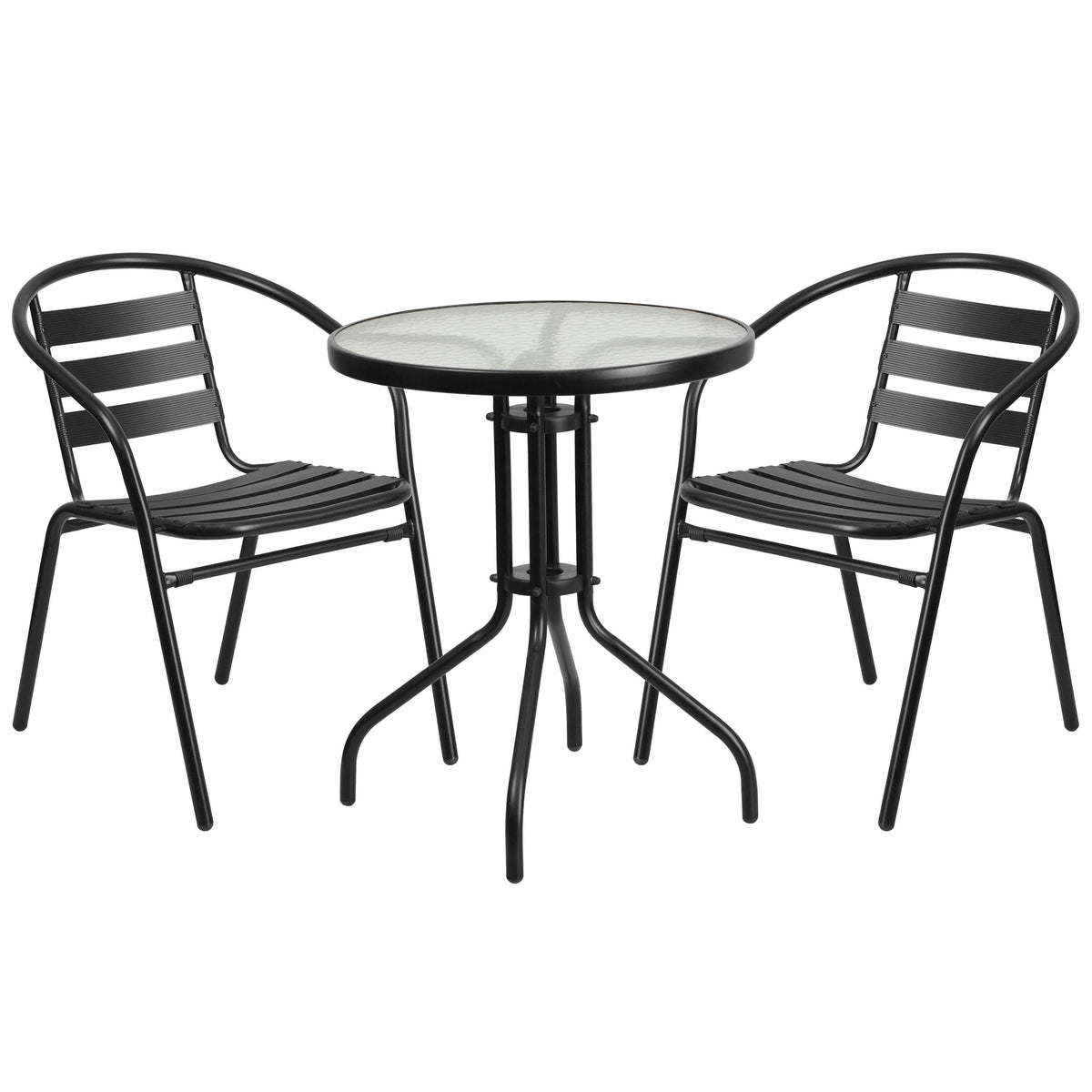 Round Glass Metal Table with 2 Black Metal Stack Chairs J540