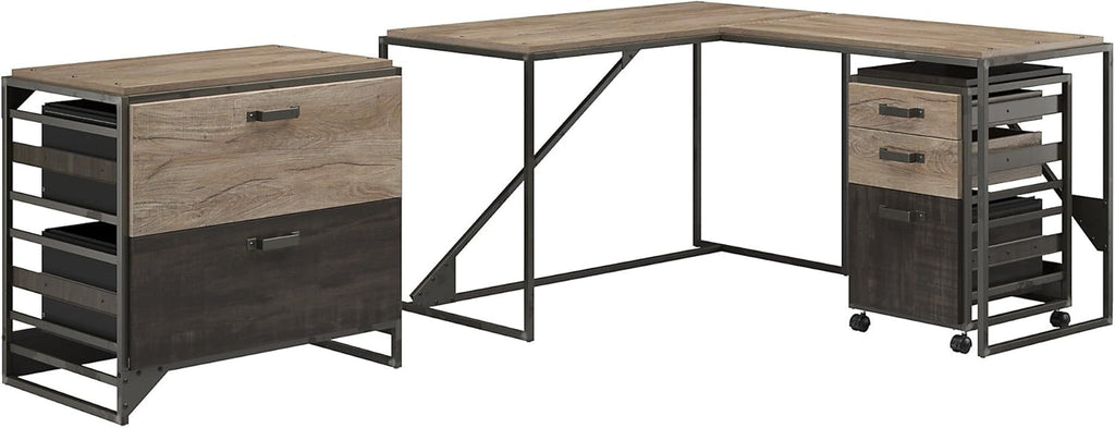 Rustic Gray L Shaped Industrial Desk with File Cabinets Q636
