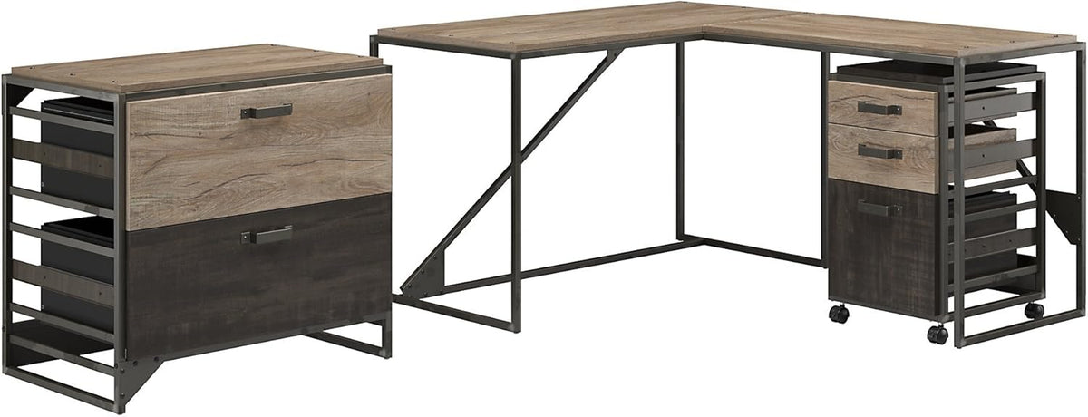 Rustic Gray L Shaped Industrial Desk with File Cabinets Q636