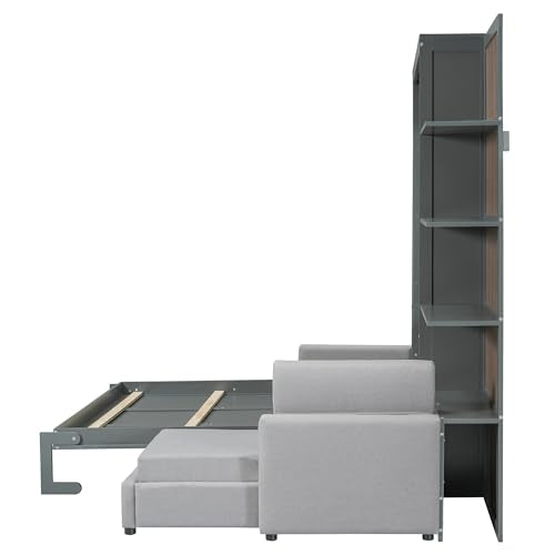Queen Size Wooden Murphy Bed with Shelves and L-Shape Sofa Q6699
