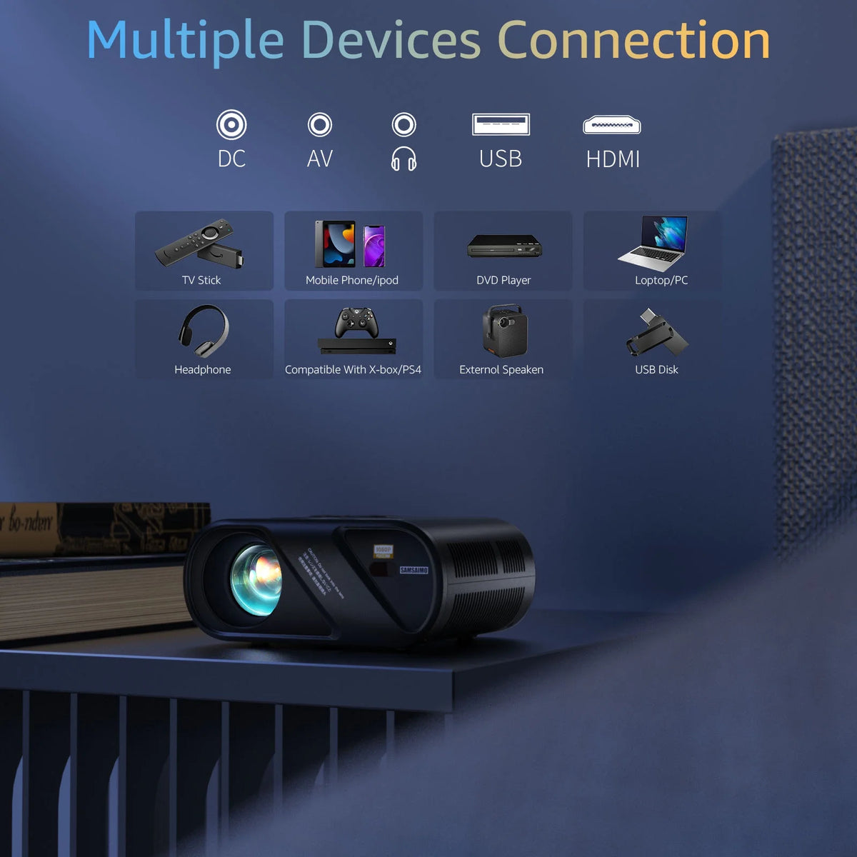 5G Wifi Mini Projector with 100 Projector Screen, Full HD 1080P, Black I395