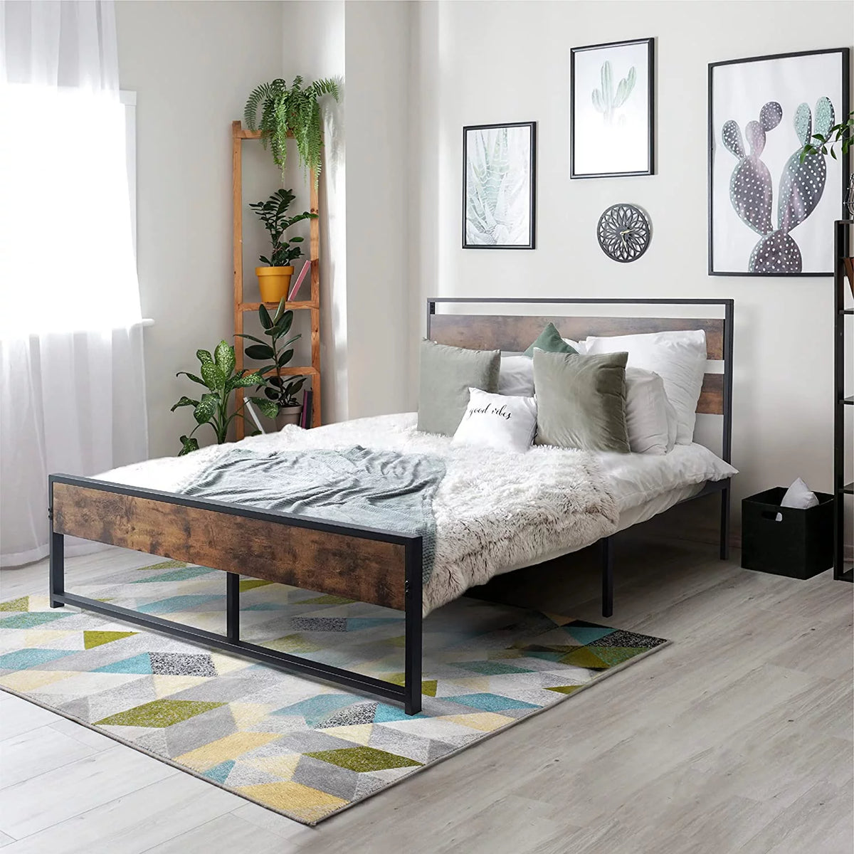 King Size Rustic Oak Metal Platform Bed with Wood Headboard and Footboard C49048