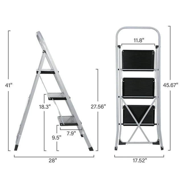 3 Step Folding Step Stool 330lbs Capacity Silver G58932
