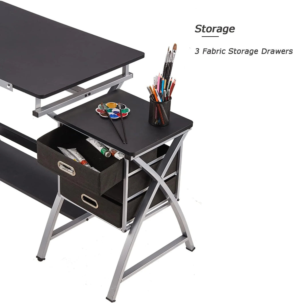 Adjustable Drafting Table with Stool and Storage Drawers, Black Z654006