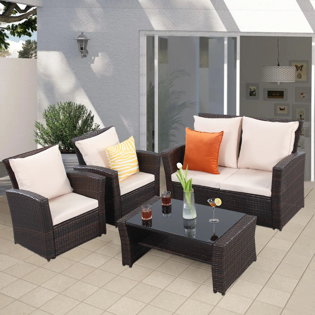 4 Pcs Brown Wicker Rattan Patio Furniture Set with Coffee Table B880917
