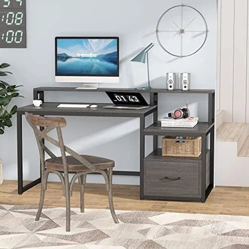 60 inch Grey Computer Desk with File Drawer and Shelves O38875