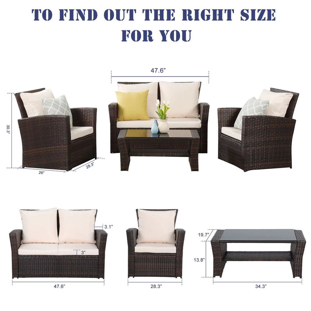 4 Pcs Brown Wicker Rattan Patio Furniture Set with Coffee Table B880917