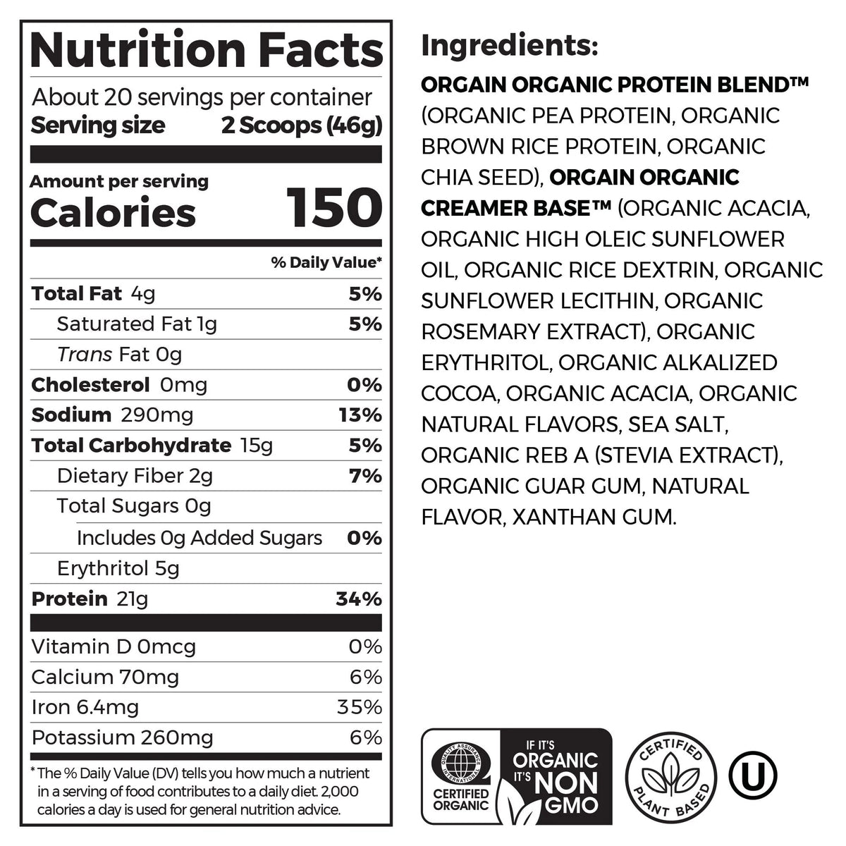 Organic Vegan 21g Protein Powder Creamy Chocolate 2.03lb F7668