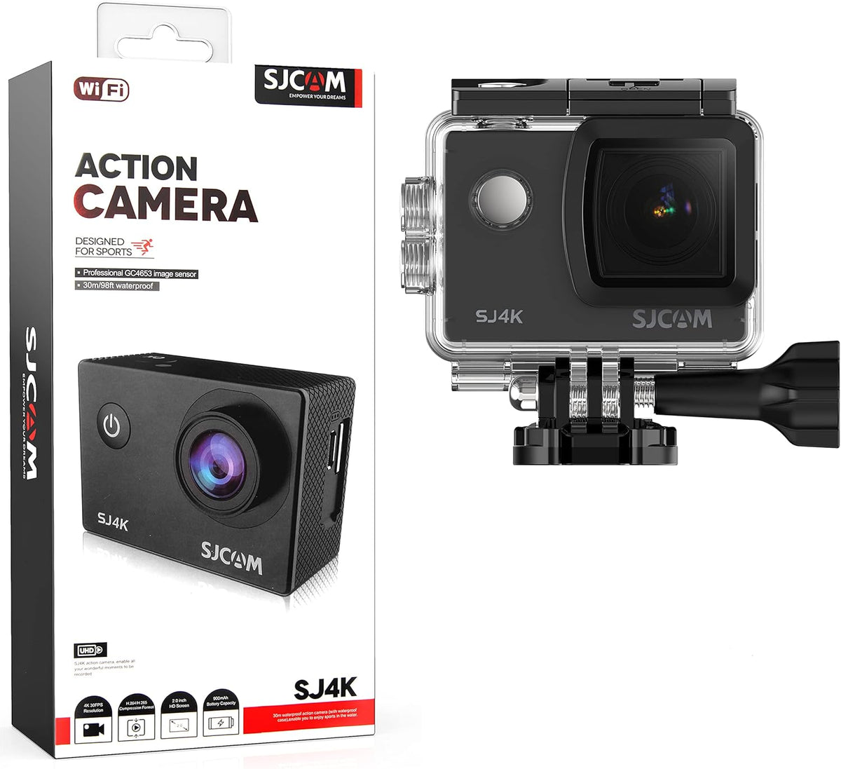 4K30FPS Action Camera 170 Degree Wide Angle 98FT Waterproof with Case T132491