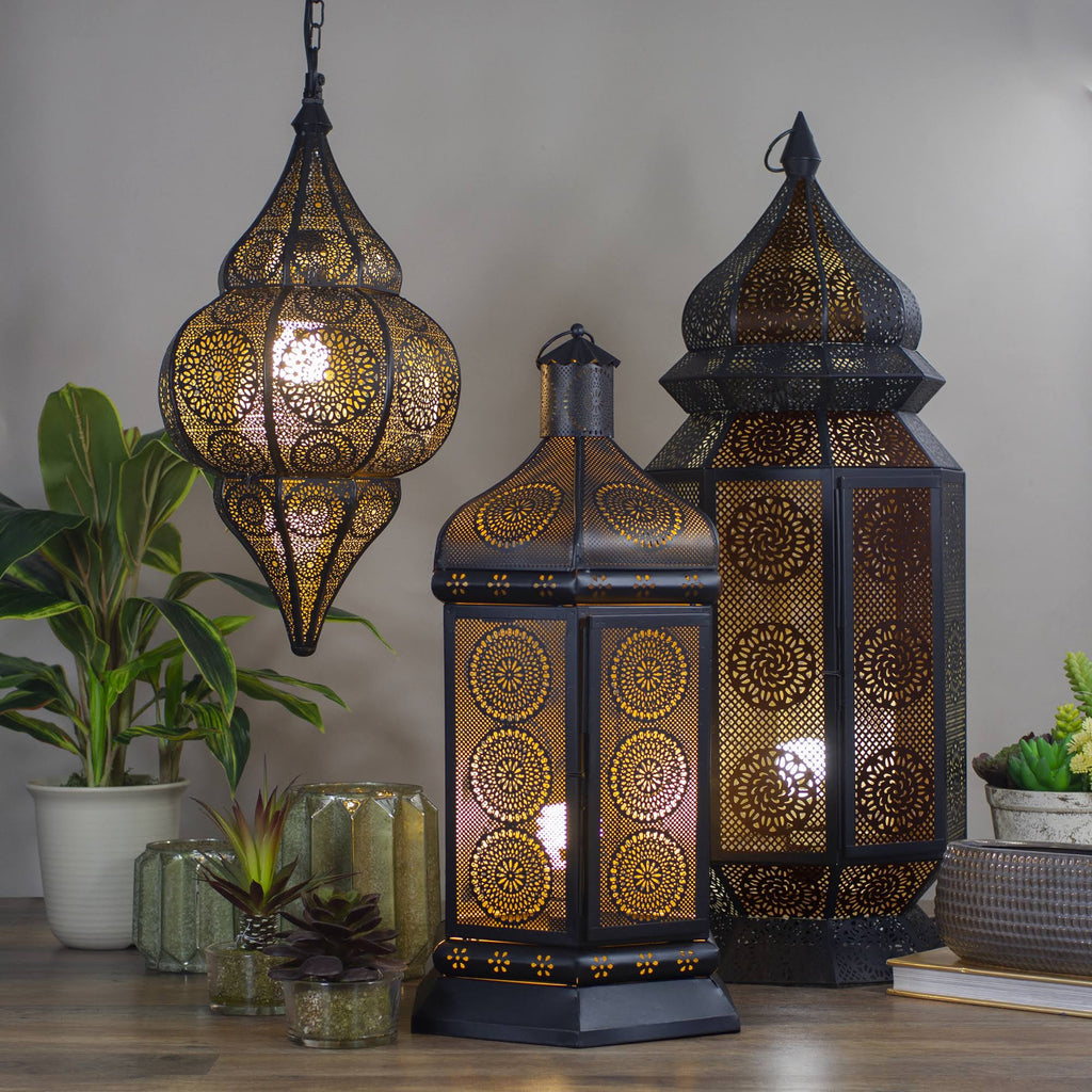Black and Gold Moroccan Style Floral Cut-Out Table Lantern Lamp C77421