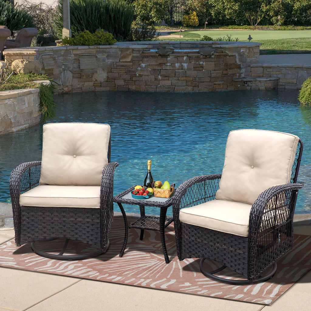 Khaki Wicker Swivel Rocker Chairs with Table C11451