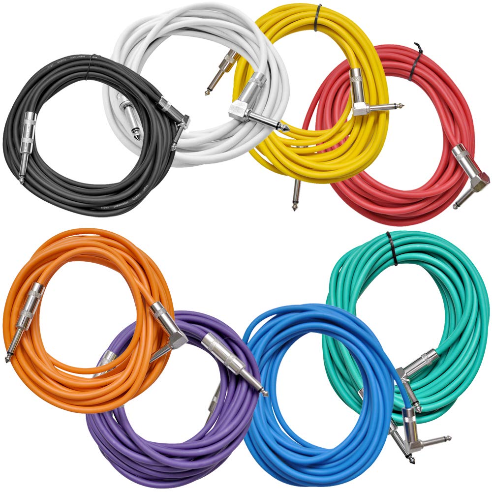 8 Pack of 20 Foot Multi-Color 1/4 Inch TS Right Angle to Straight Guitar Cables A22256