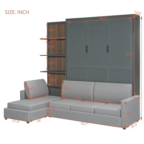 Queen Size Wooden Murphy Bed with Shelves and L-Shape Sofa Q6699