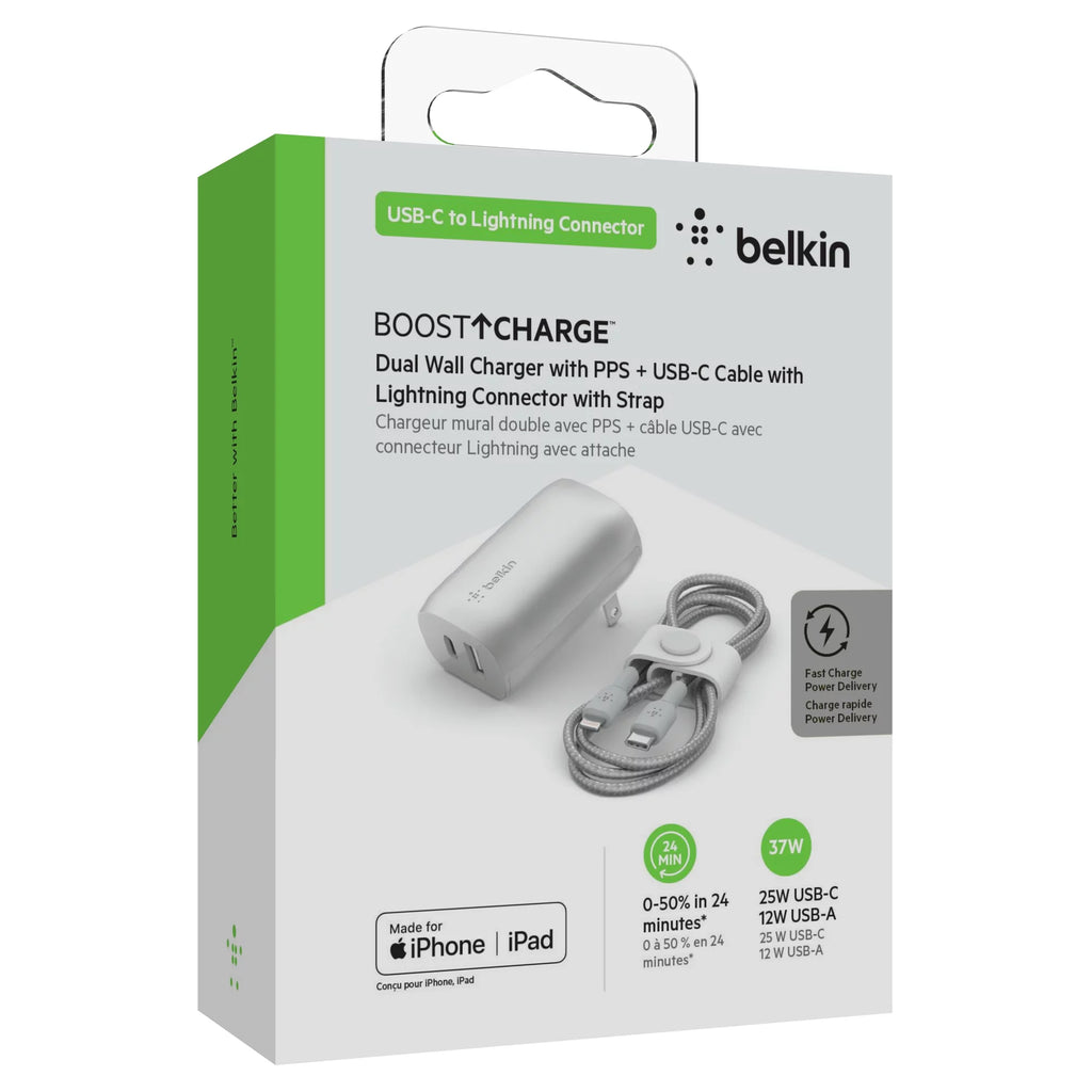 37W Dual Wall Charger USB-C to Lightning Cable Silver E4887