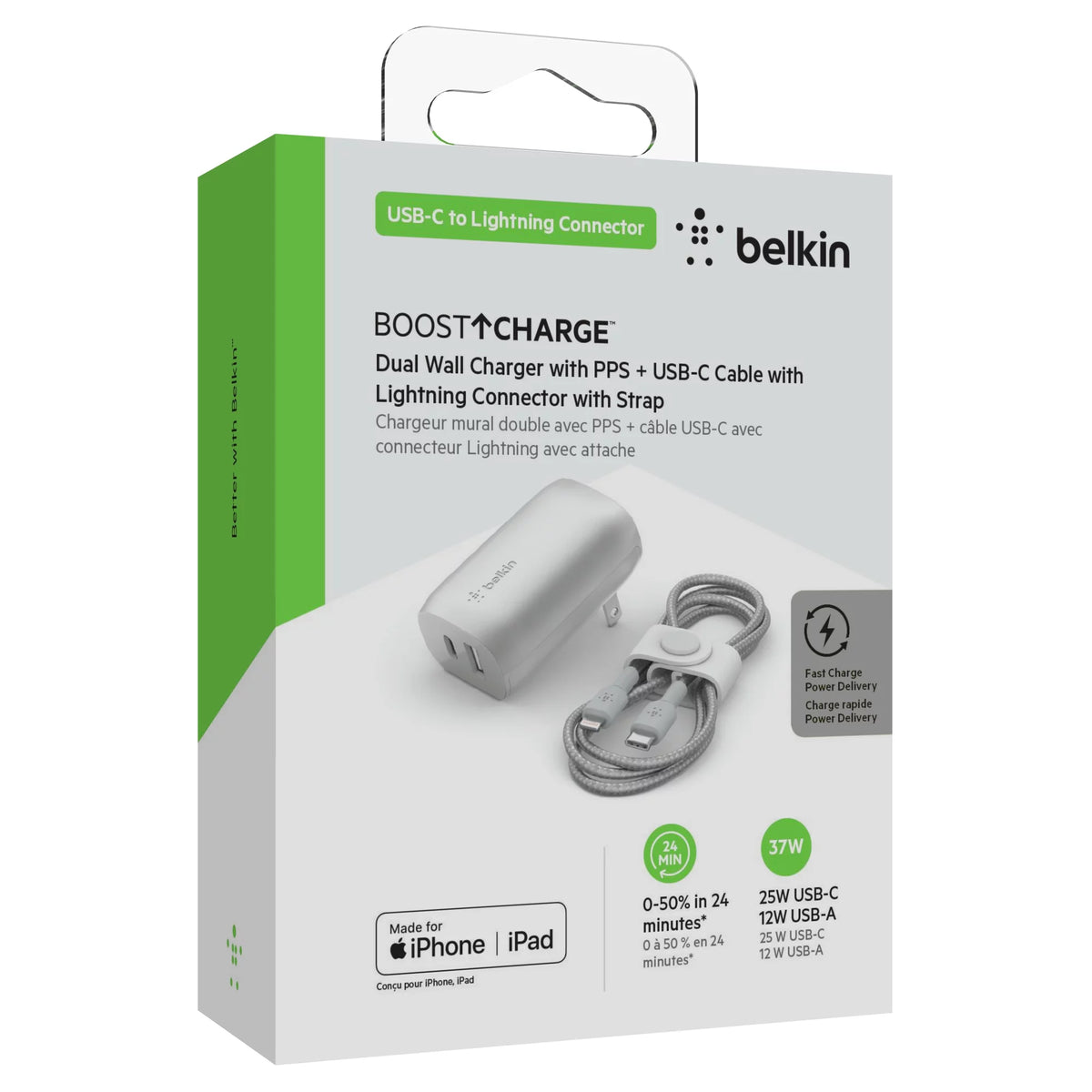 37W Dual Wall Charger USB-C to Lightning Cable Silver E4887