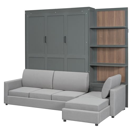 Queen Size Wooden Murphy Bed with Shelves and L-Shape Sofa Q6699