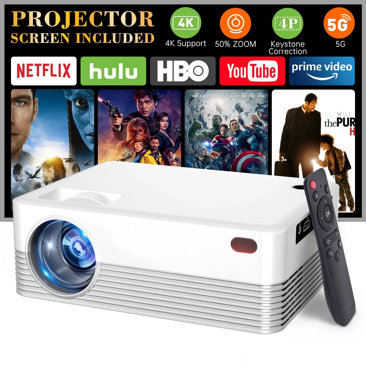 5G WiFi Bluetooth Mini Projector with Full HD Display W3694