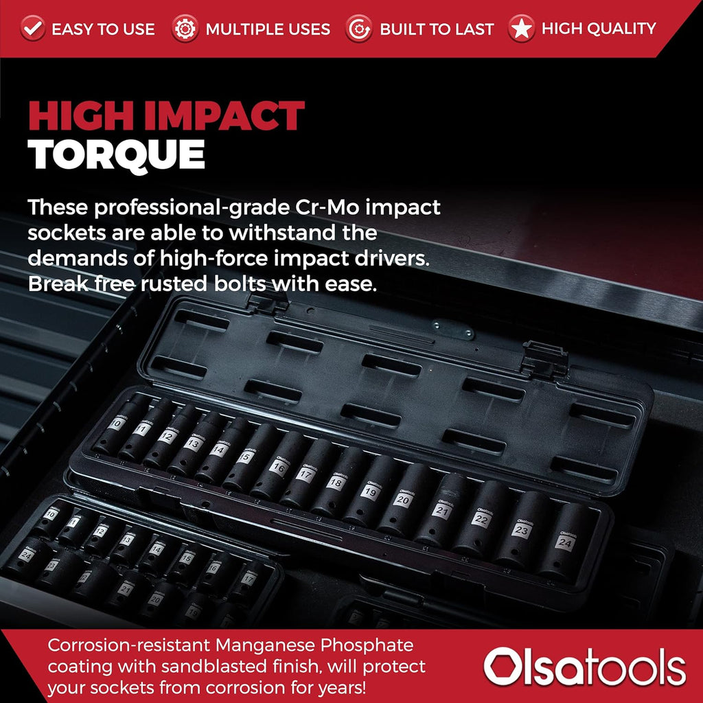 1/2 Drive Cr-Mo Deep Impact Socket Set 15pc Metric T9387