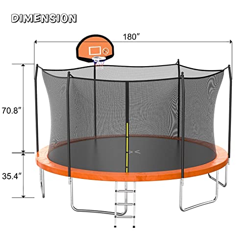 15 Ft Trampoline with Safety Enclosure Net and Basketball Hoop S8080