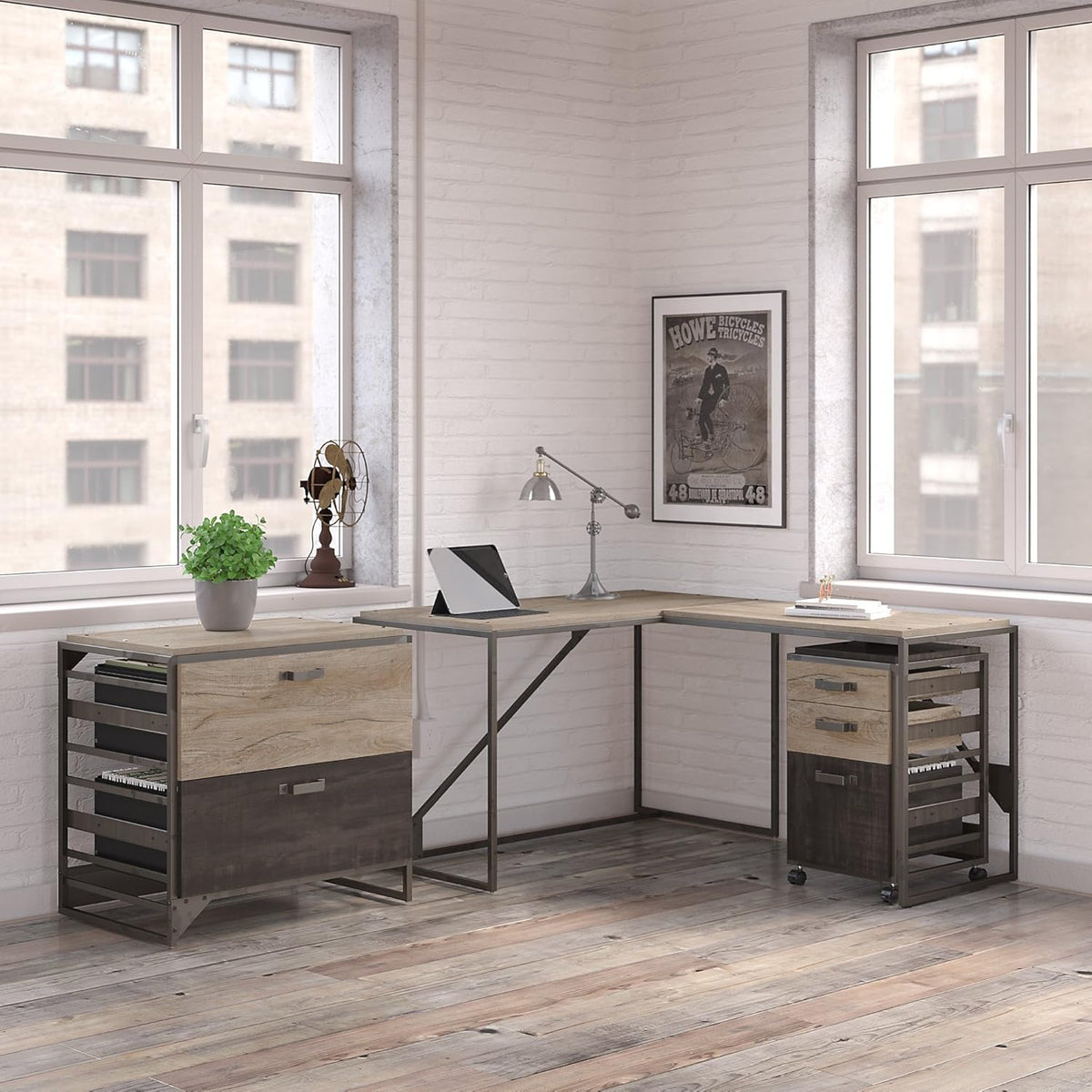 Rustic Gray L Shaped Industrial Desk with File Cabinets Q636