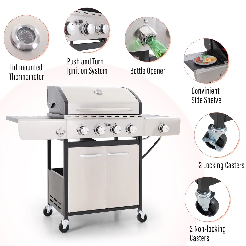 Stainless Steel Portable 4-Burner Propane Gas Grill with Side Burner E818