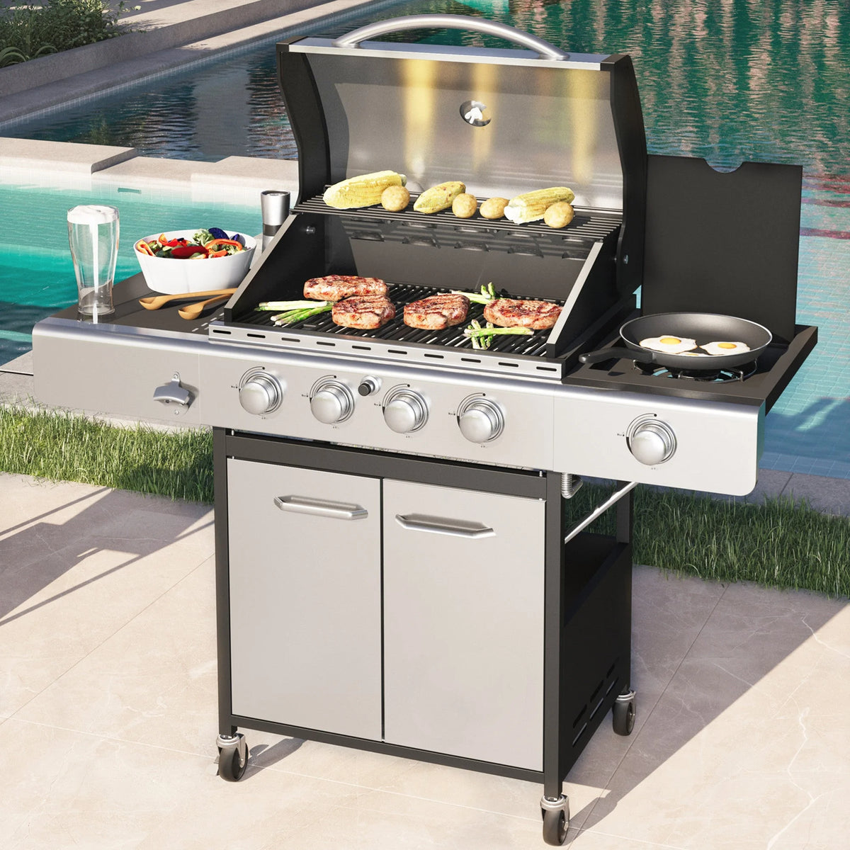 Stainless Steel Portable 4-Burner Propane Gas Grill with Side Burner E818