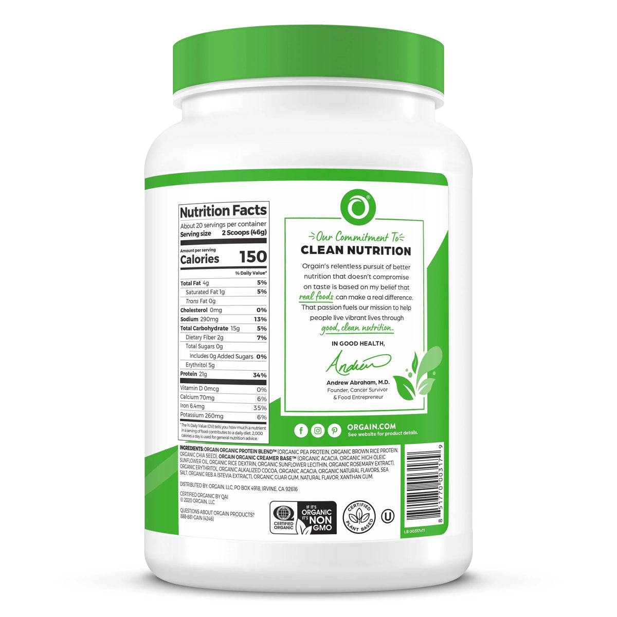 Organic Vegan 21g Protein Powder Creamy Chocolate 2.03lb F7668