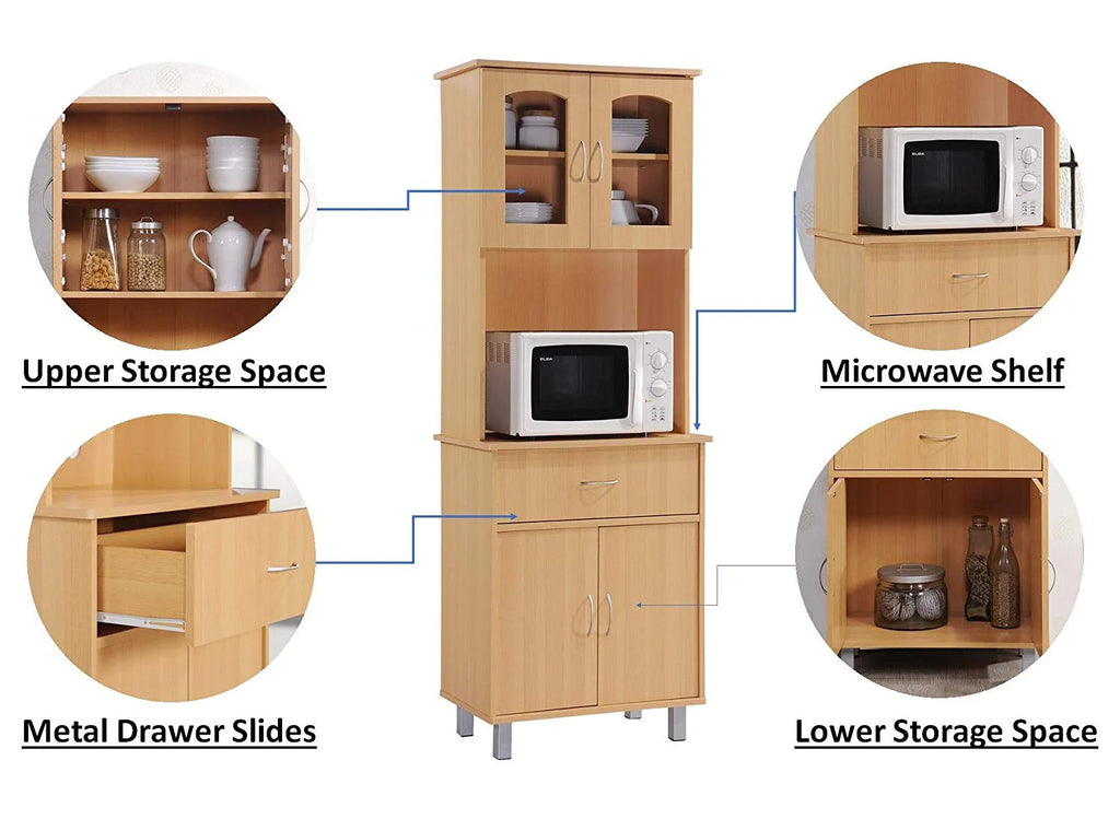 Beige Wood 4-Door 1-Drawer Kitchen China Cabinet I503