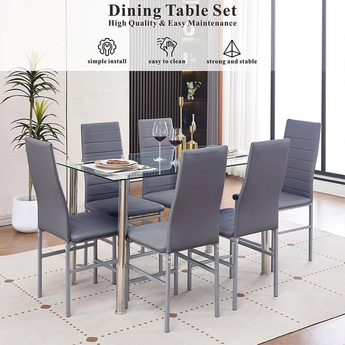 Glass Dining Table Set for 6 7 Piece Black Tempered Glass Table and Faux Leather Chairs U901728