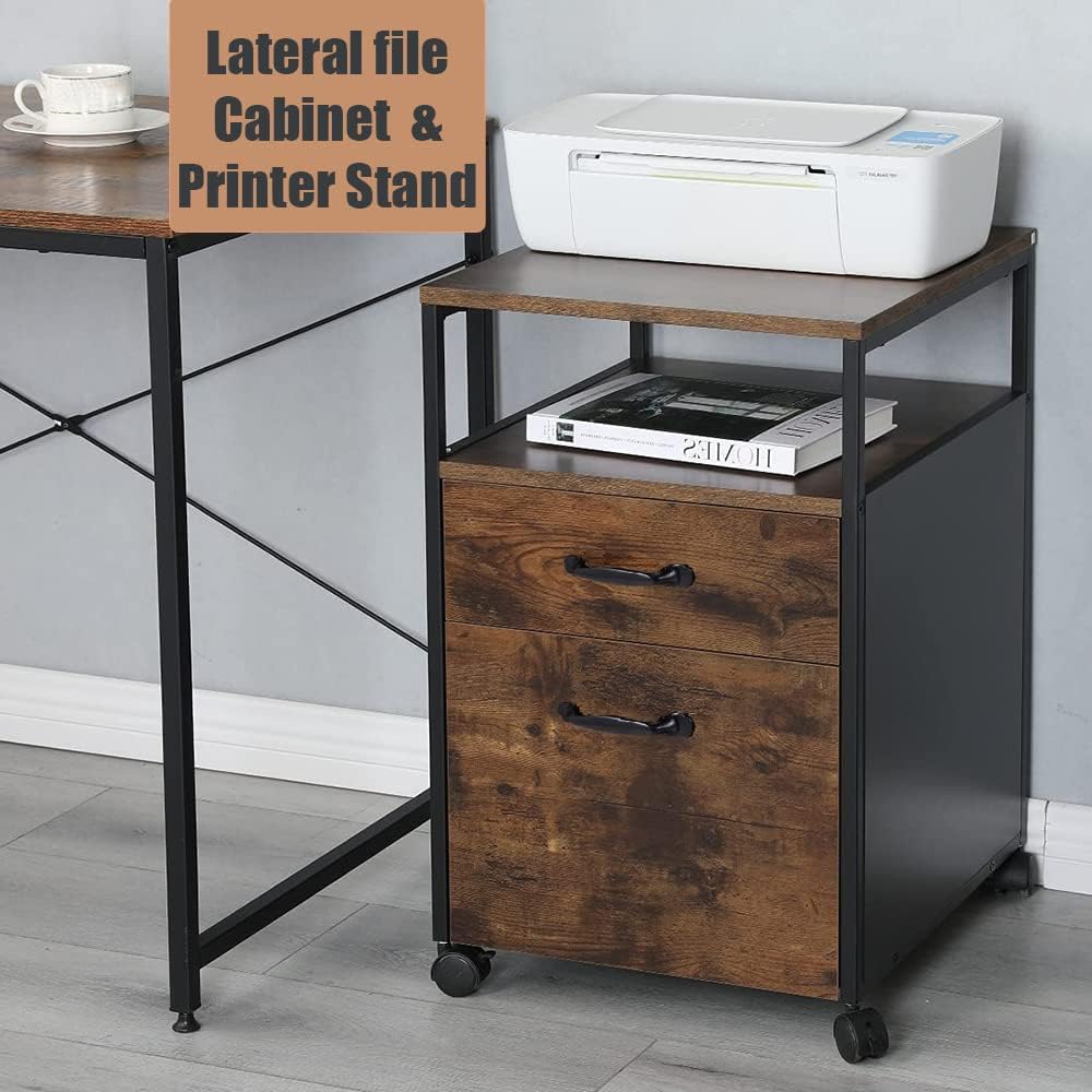 Rolling File Cabinet with 2 Drawers and Open Shelf, Brown and Black Q594621
