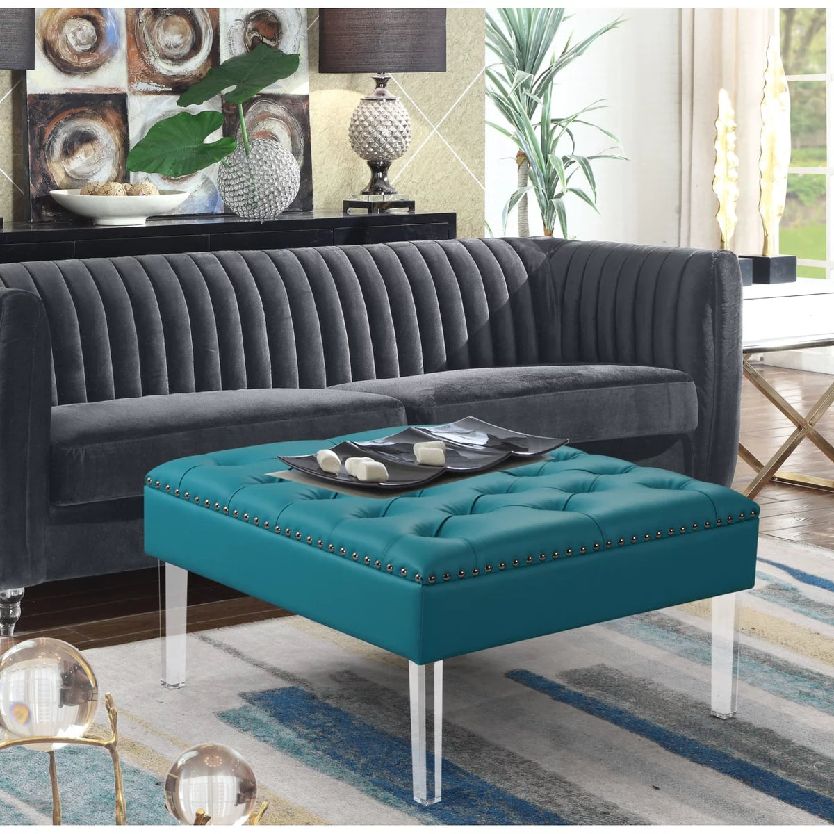 Square Tufted PU Leather Upholstered Ottoman H675255