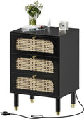 Black Rattan Nightstand Set of 2 with Charging Station 3 Drawers K442